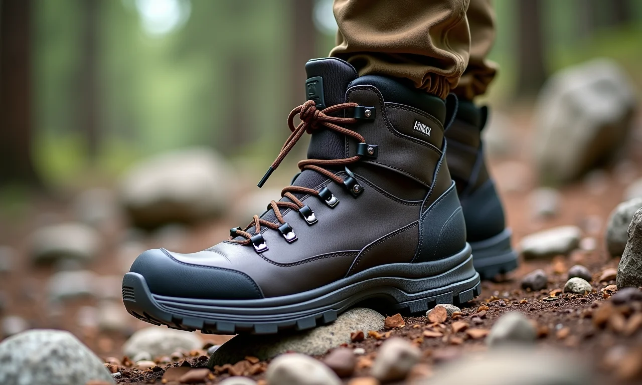 Bota Bull Terrier Falcon Adventure em trilha rochosa.