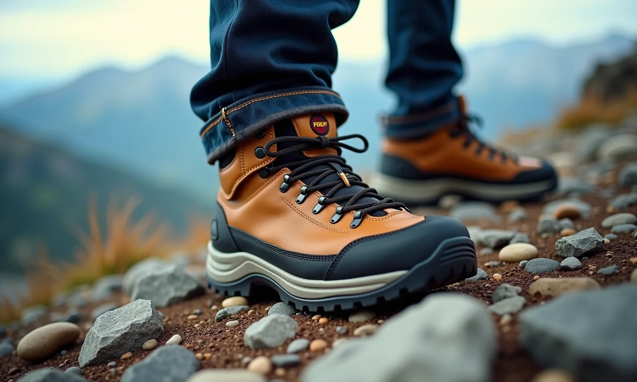 Bota de cano alto em terreno irregular e montanhoso.