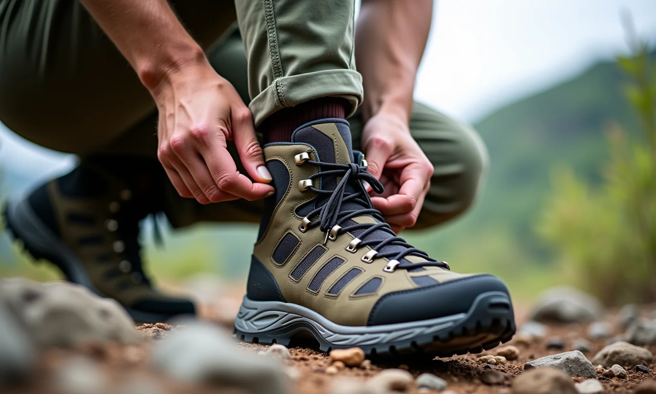 Bota de trilha de cano alto oferecendo suporte no tornozelo em terreno rochoso.