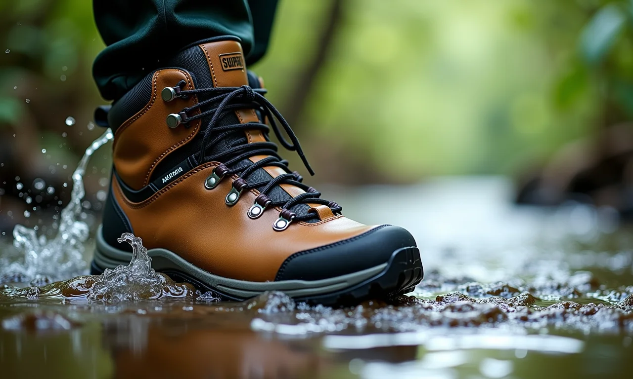 Bota de trilha impermeável repelindo água na Amazônia.