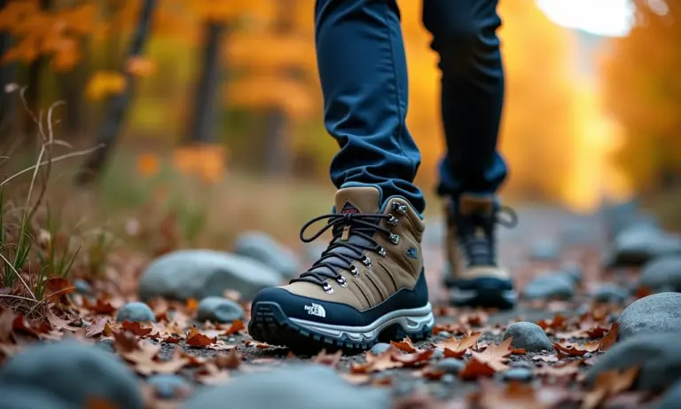 Bota de trilha North Face em detalhe, trilha rochosa com folhagem vibrante.