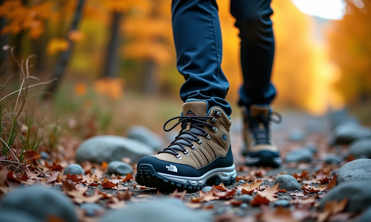 Bota de trilha North Face em detalhe, trilha rochosa com folhagem vibrante.