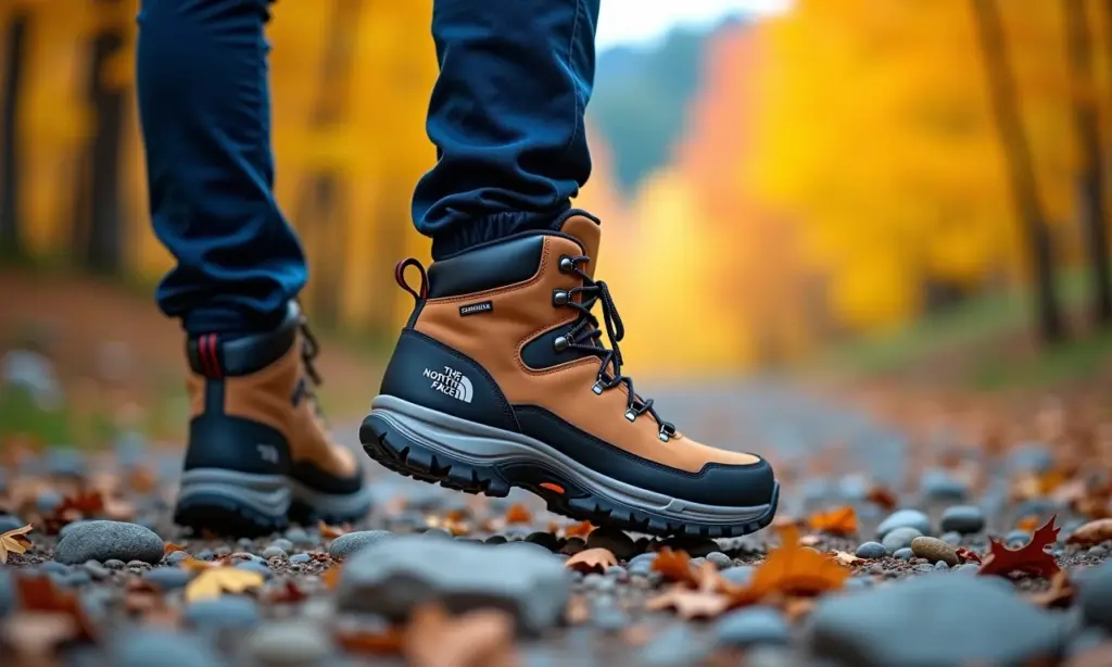 Bota de trilha North Face em terreno rochoso.