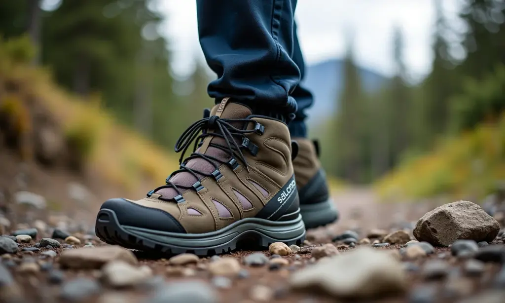 Bota de trilha Salomon em detalhe, destacando design e resistência.