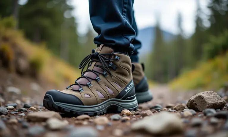 Bota de trilha Salomon em detalhe, destacando design e resistência.