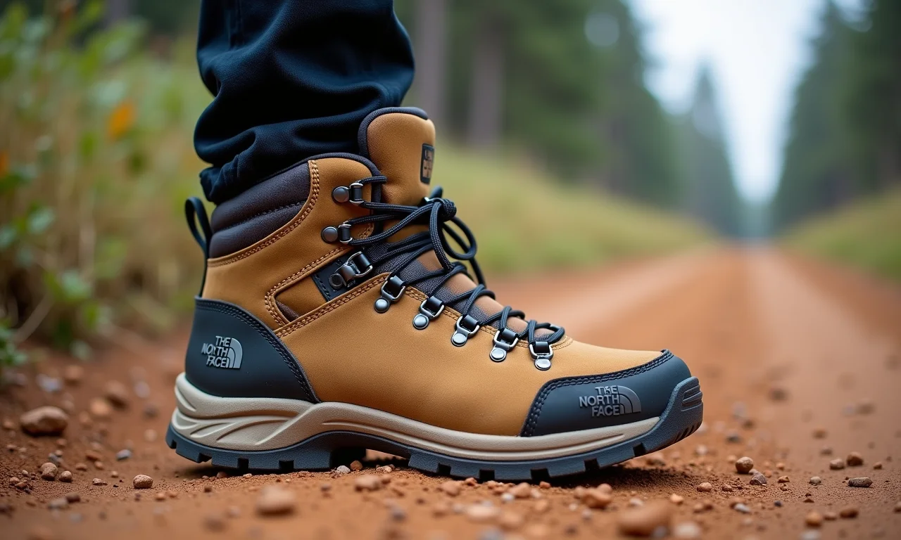 Bota North Face usada em longa trilha, demonstrando durabilidade.
