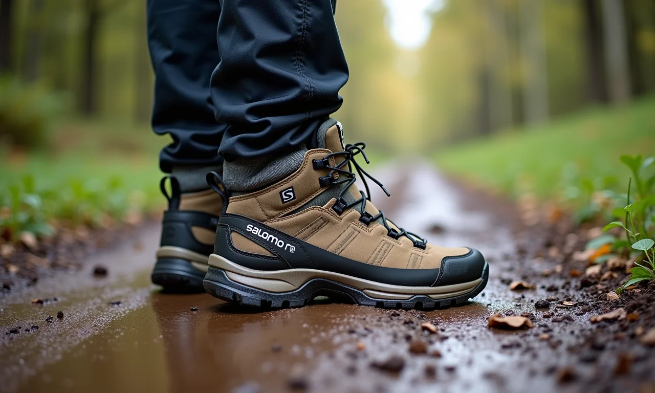 Bota Salomon resistindo em trilha com lama, demonstrando durabilidade.