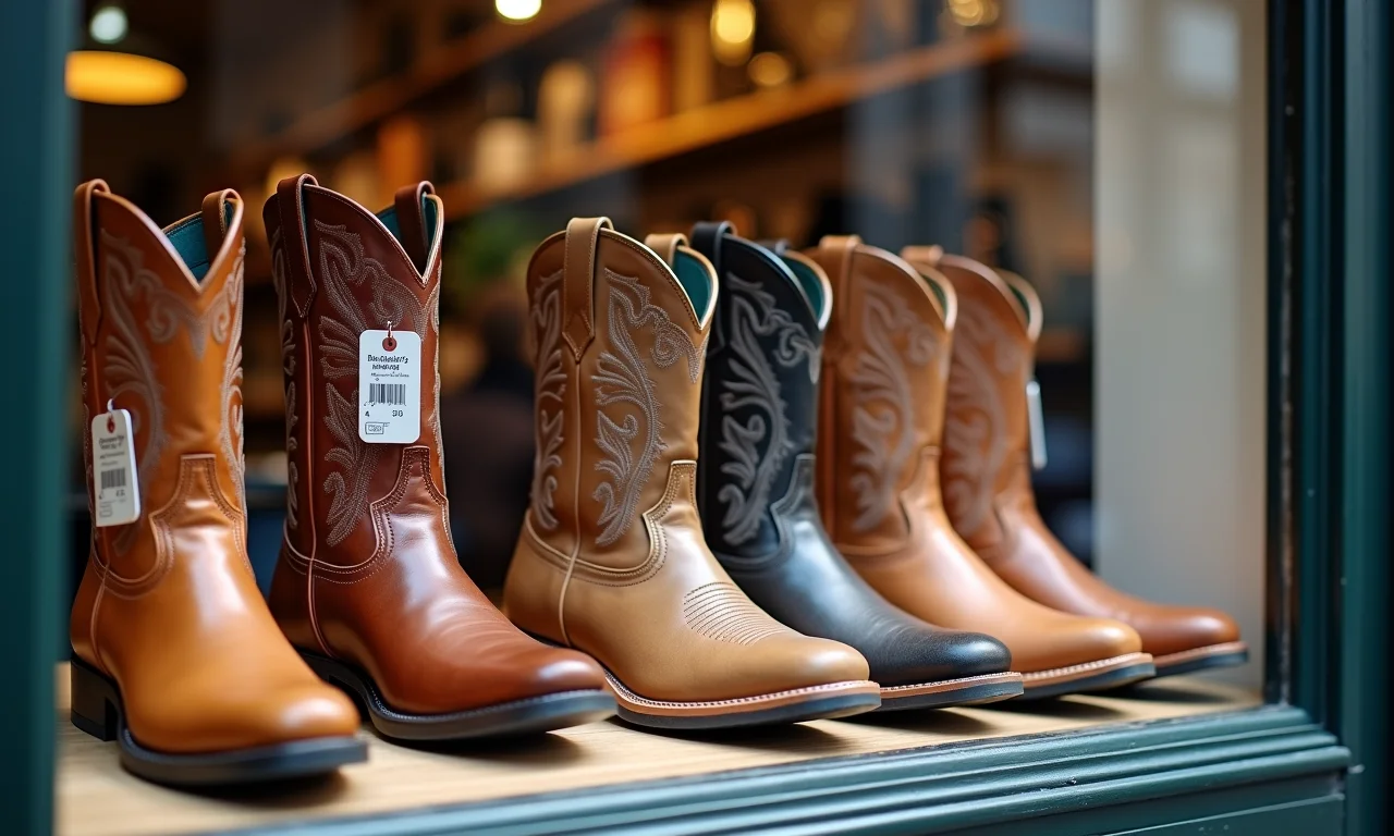 Botas Bull Terrier expostas com etiquetas de preço.