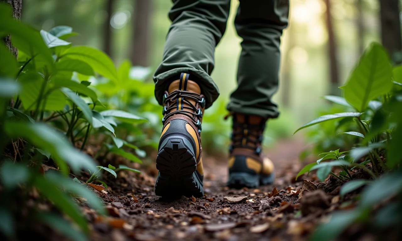 Botas de cano alto protegendo hiker na densa vegetação amazônica.