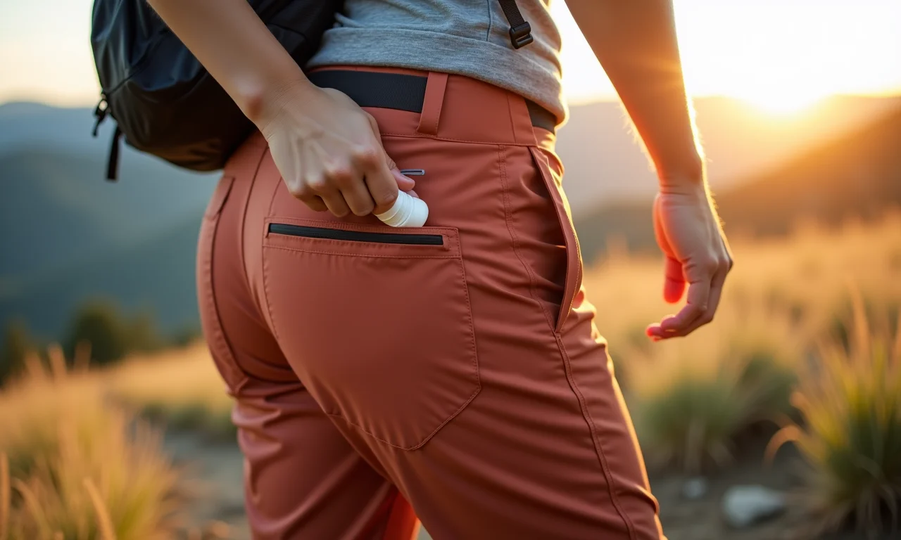 Calça de trekking com proteção UV, mulher aplicando protetor solar.
