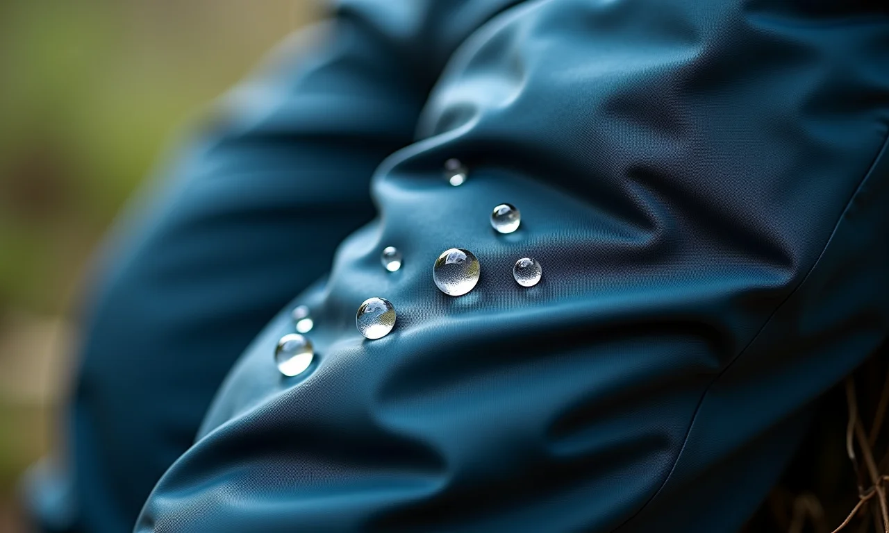 Calça de trekking com tratamento repelente à água: gotas deslizam no tecido.