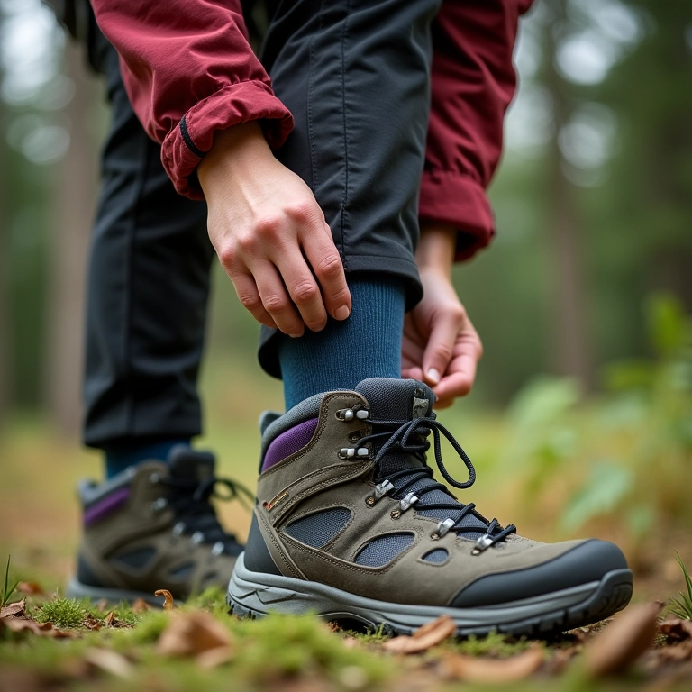 Caminhante calçando meias de trekking e botas de caminhada antes de uma trilha.