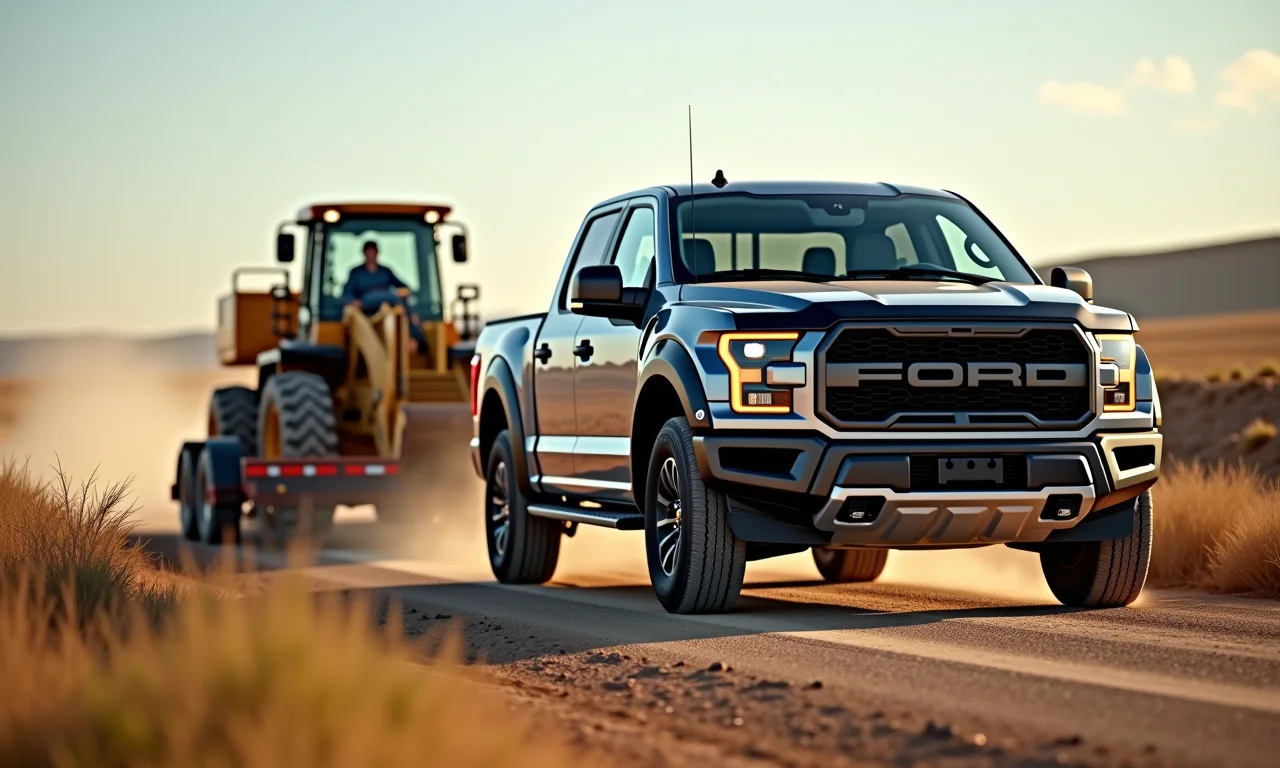 Caminhonete 4x4 rebocando trailer pesado em estrada de terra.