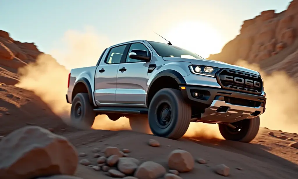 Caminhonete 4x4 subindo colina rochosa, demonstrando tração part-time.