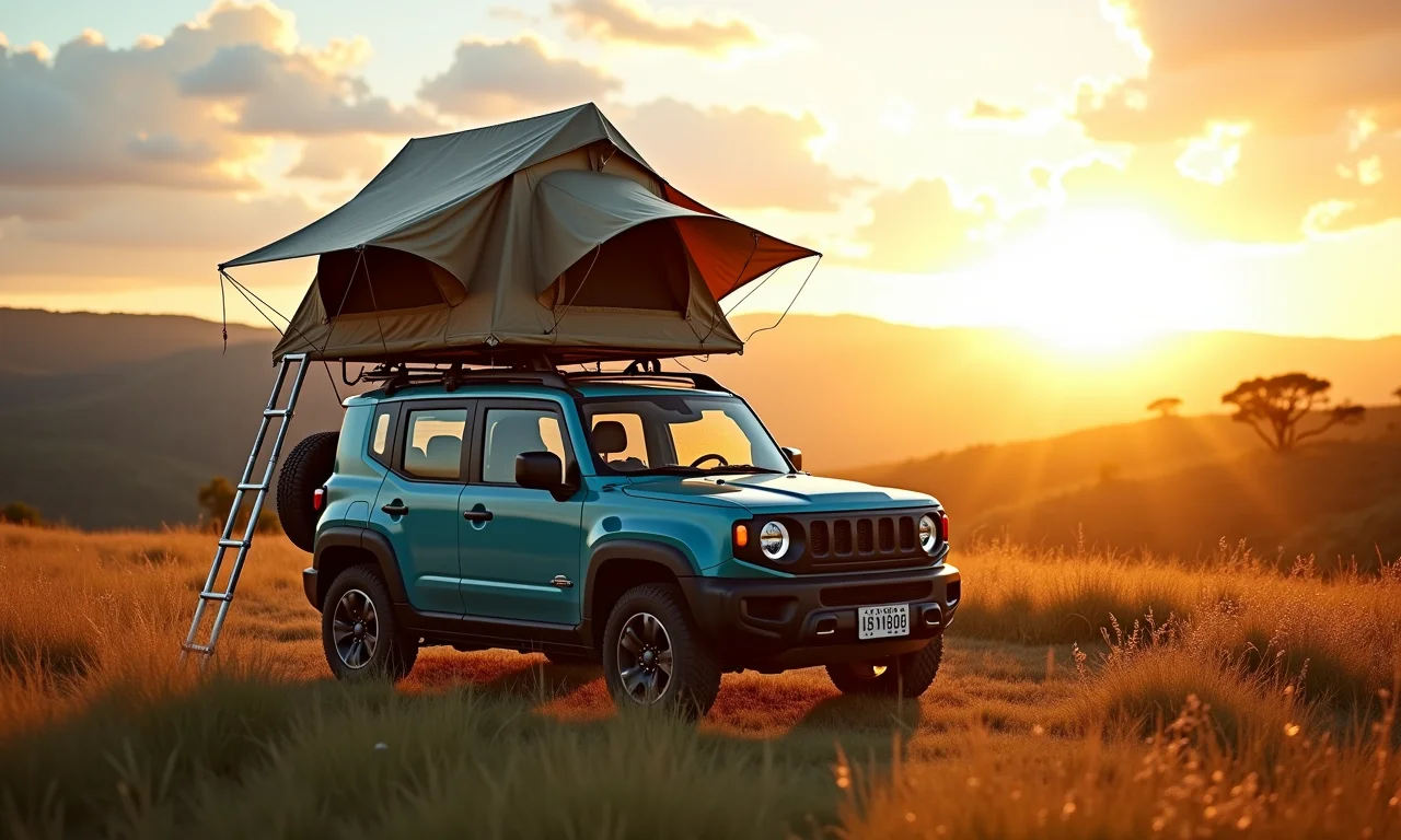 Carro 4x4 com barraca de teto em paisagem brasileira.