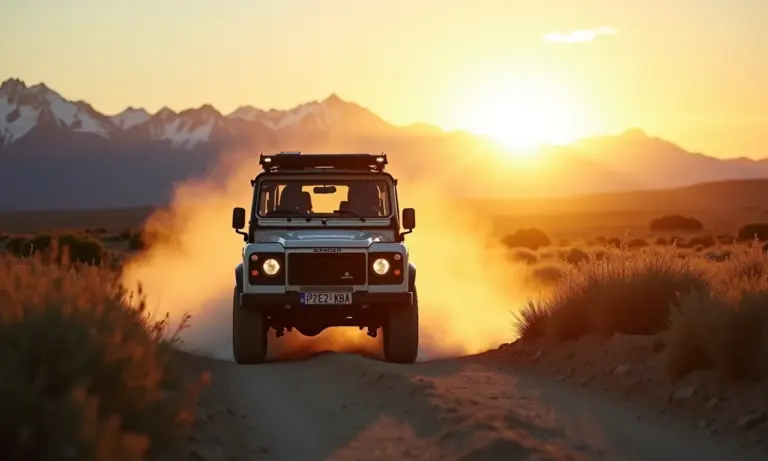 Carro 4x4 na Carretera Austral ao pôr do sol