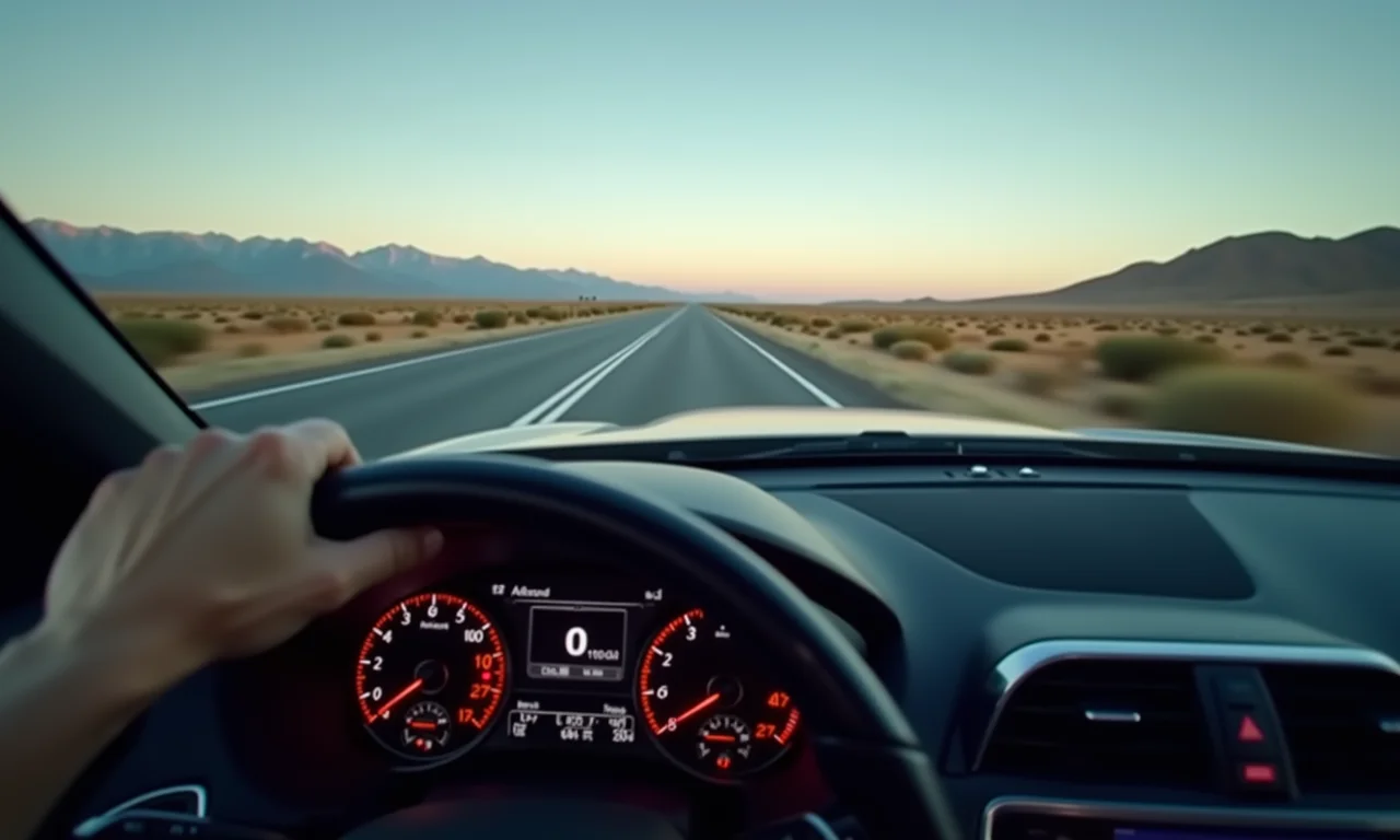 Carro acelerando rapidamente em uma estrada, velocímetro em alta velocidade.