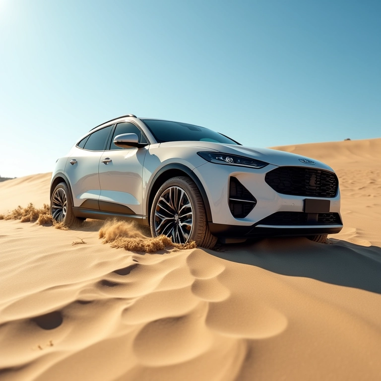 Carro atolado na areia da praia, pneus afundados.