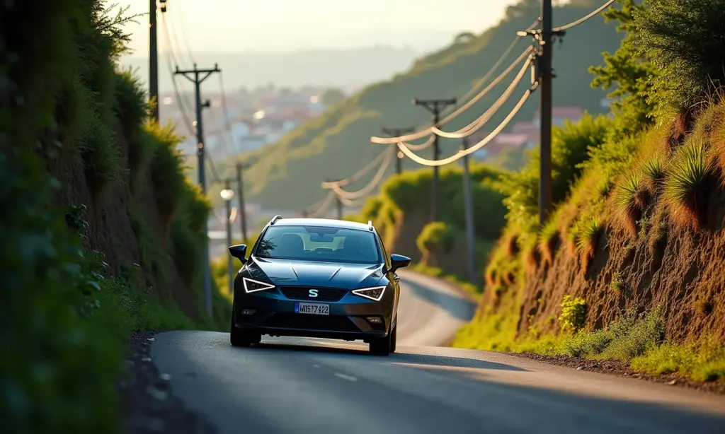 Carro automático subindo morro íngreme, com foco na segurança e paisagem.