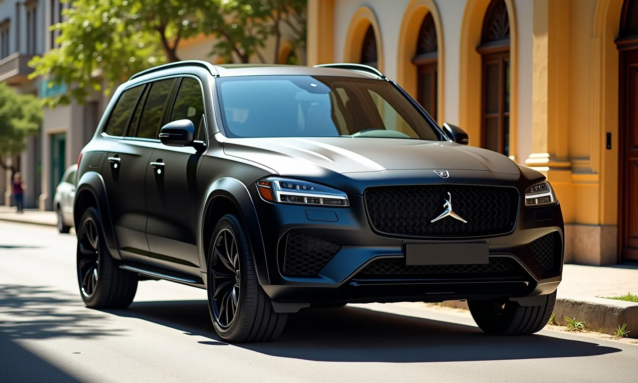 Carro blindado de luxo estacionado em rua ensolarada do Brasil, com detalhes de blindagem reforçada.