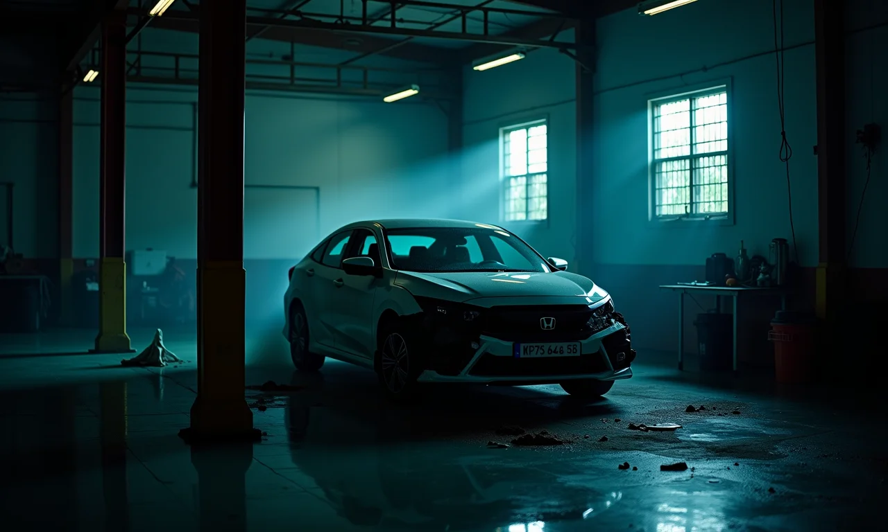 Carro danificado em oficina escura, representando desvantagens do financiamento.