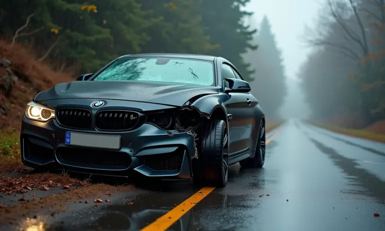 Carro destruído após acidente na estrada.
