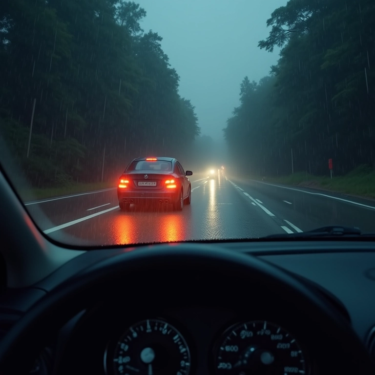 Carro dirigindo na chuva forte com o assistente de faixa ativo.