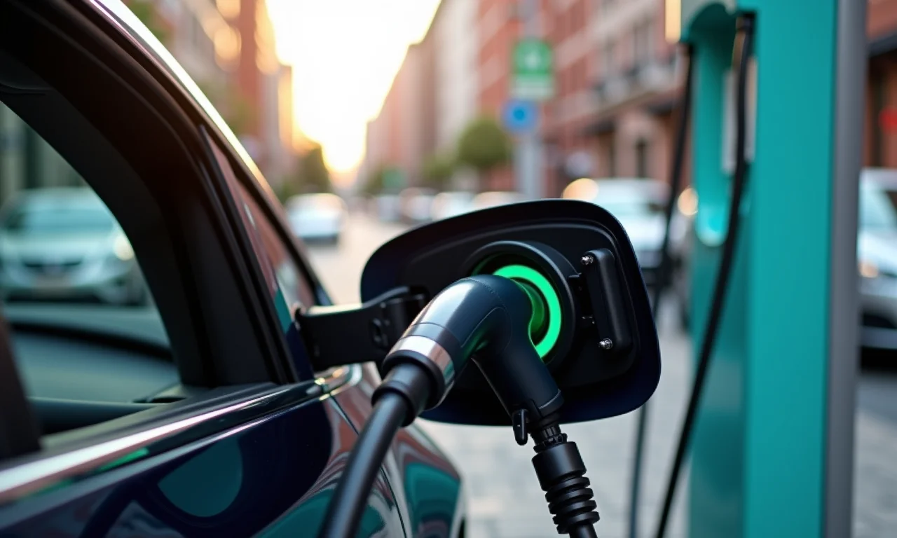 Carro elétrico carregando em estação pública com painel mostrando 80% de carga.