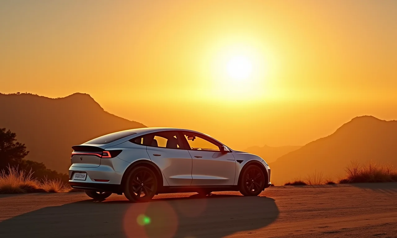 Carro elétrico estacionado sob sol forte em paisagem brasileira com sistema de resfriamento visível.