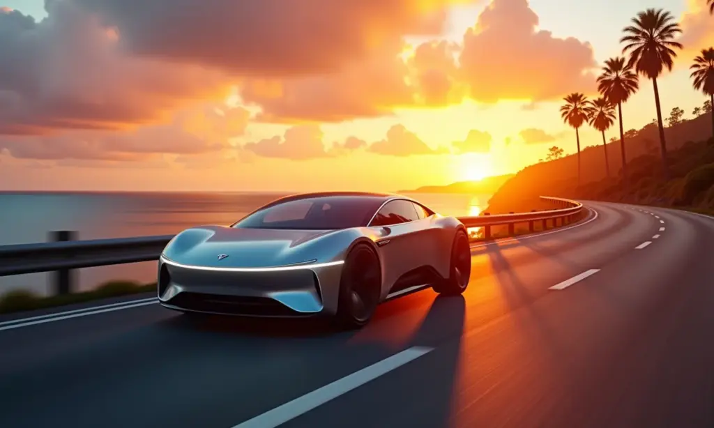 Carro elétrico futurista dirigindo em rodovia costeira brasileira ao pôr do sol.