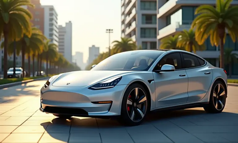 Carro elétrico moderno estacionado em paisagem urbana brasileira ensolarada com foco na bateria.