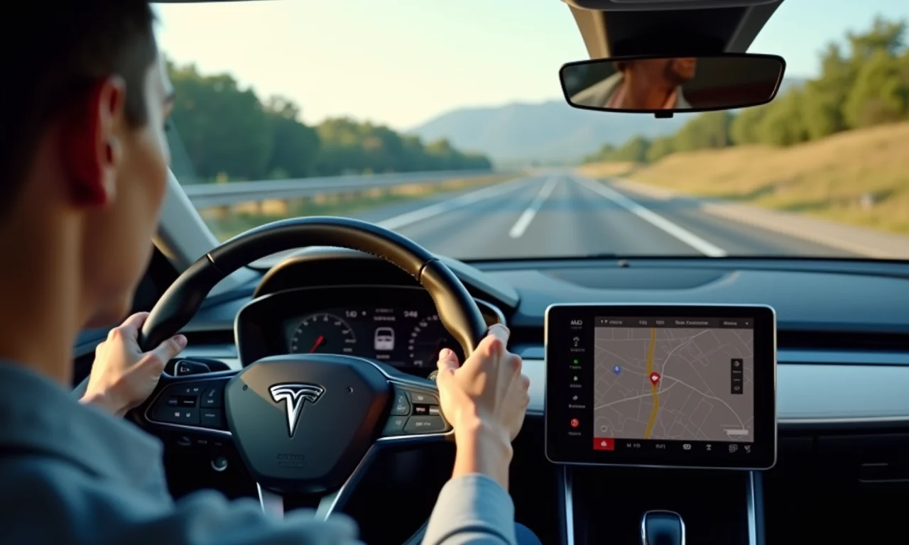 Carro em rodovia com automação parcial, motorista atento à navegação.