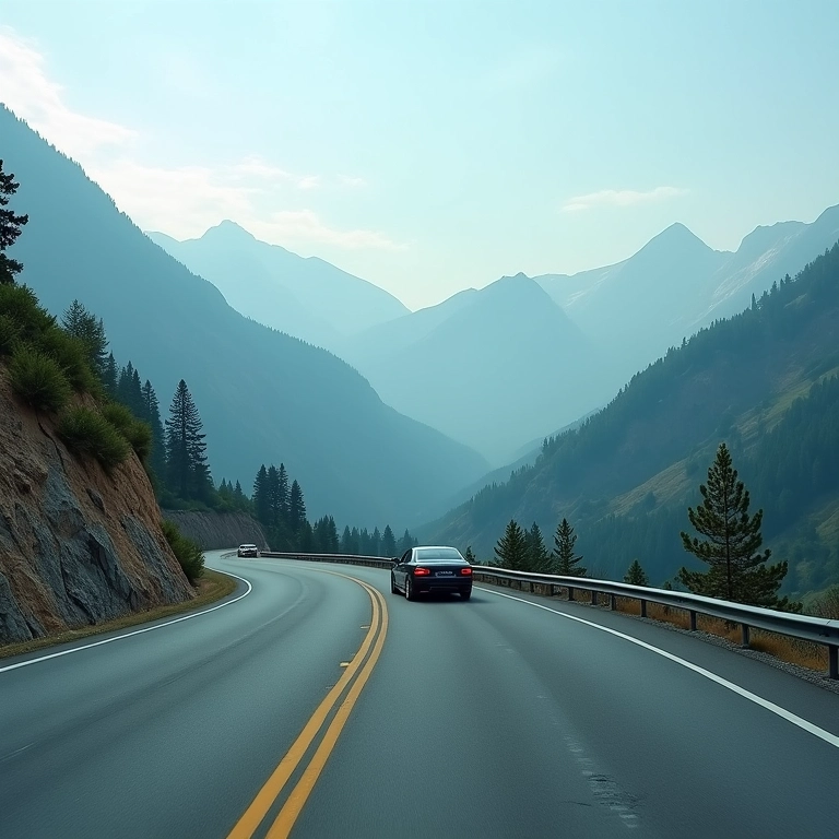 Carro fazendo uma curva acentuada em uma estrada de montanha com o assistente de faixa.