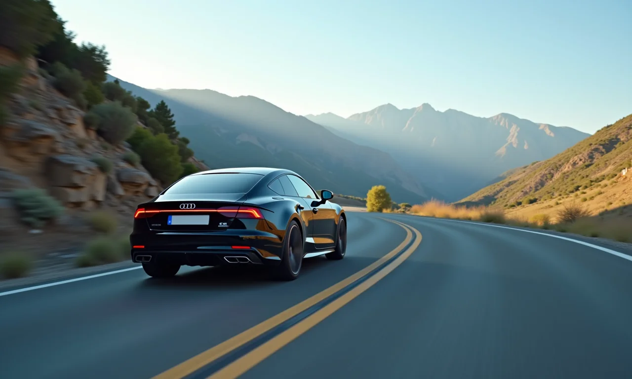 Carro fazendo uma curva acentuada em uma estrada sinuosa, pneus aderindo ao asfalto.
