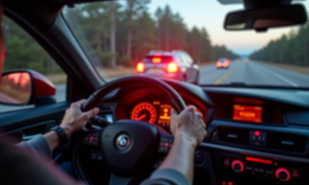 Carro freando bruscamente, luzes de freio acesas, mãos firmes no volante.