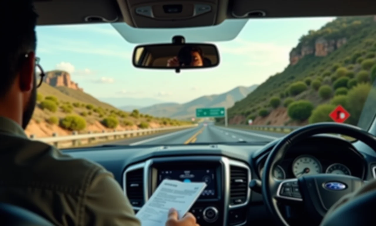 Carro viajando em rodovia da América do Sul, motorista conferindo documentos para viagem no Mercosul.