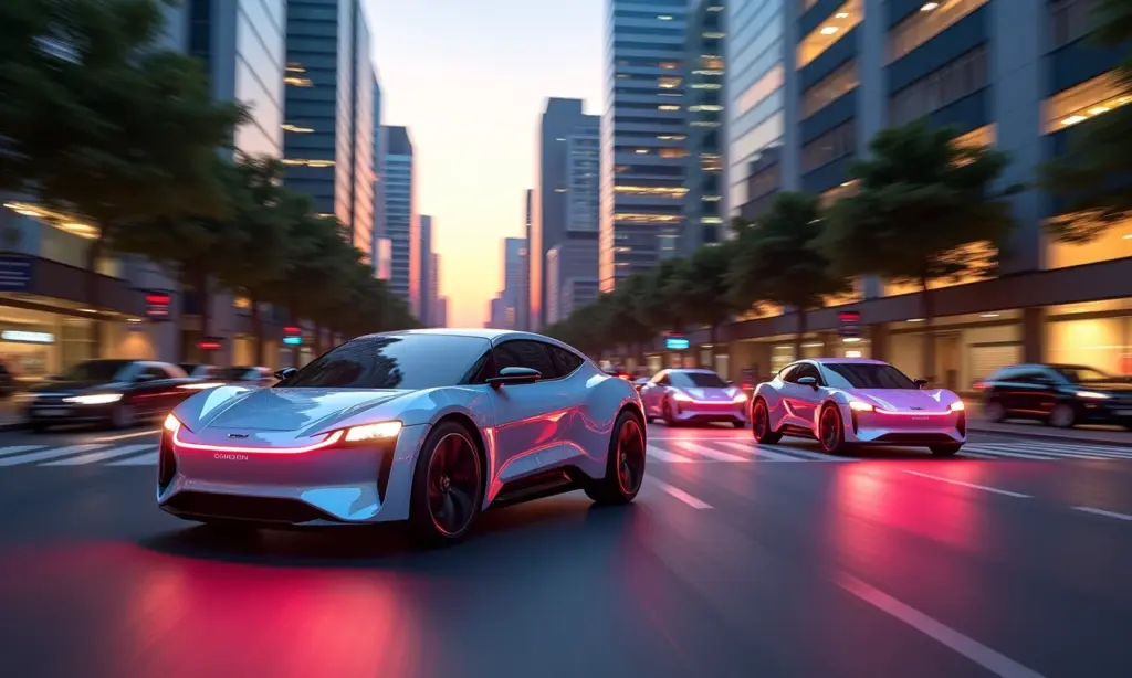 Carros autônomos em uma cidade futurista brasileira ao entardecer.