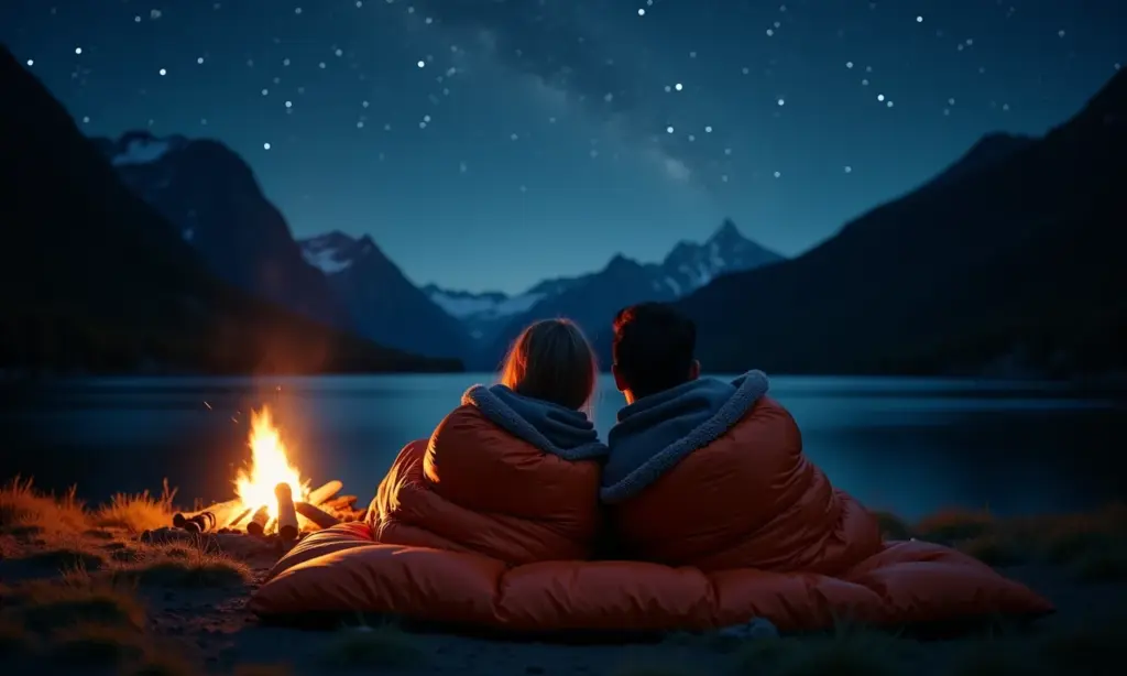 Casal aconchegado em saco de dormir de casal sob céu estrelado.
