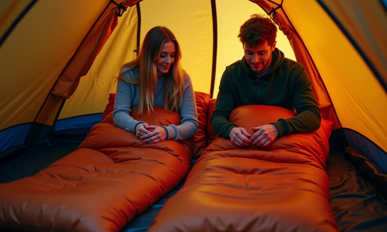 Casal adicionando cobertores e travesseiros em saco de dormir de casal.