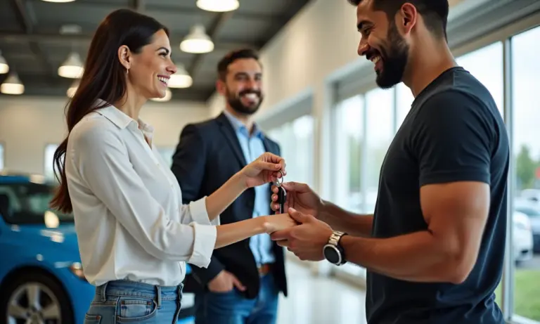 Casal brasileiro recebe as chaves de um carro usado financiado, celebrando a conquista.