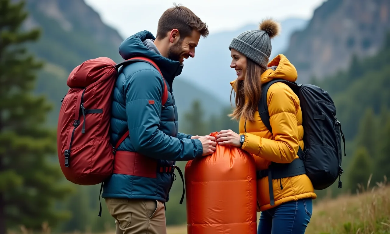 Casal compactando saco de dormir de casal leve em mochila.