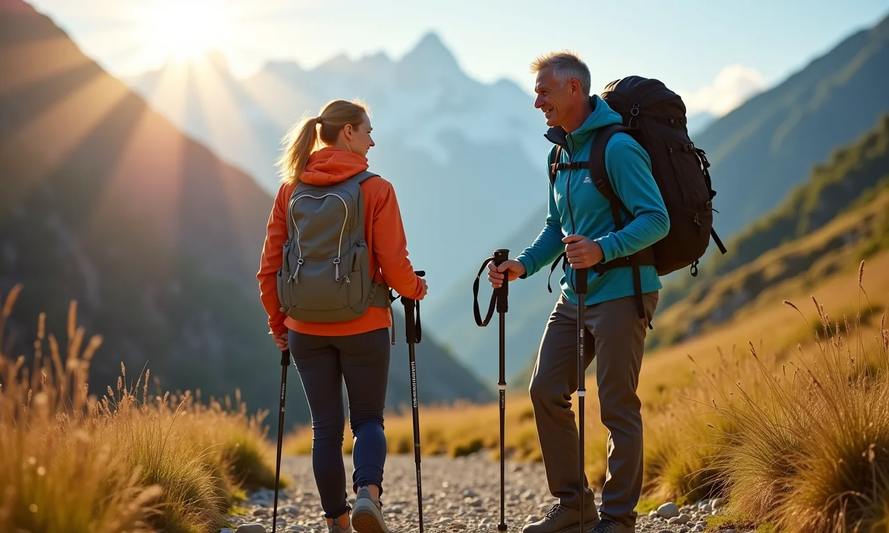 Casal comparando o peso de bastões de fibra de carbono e alumínio na trilha.