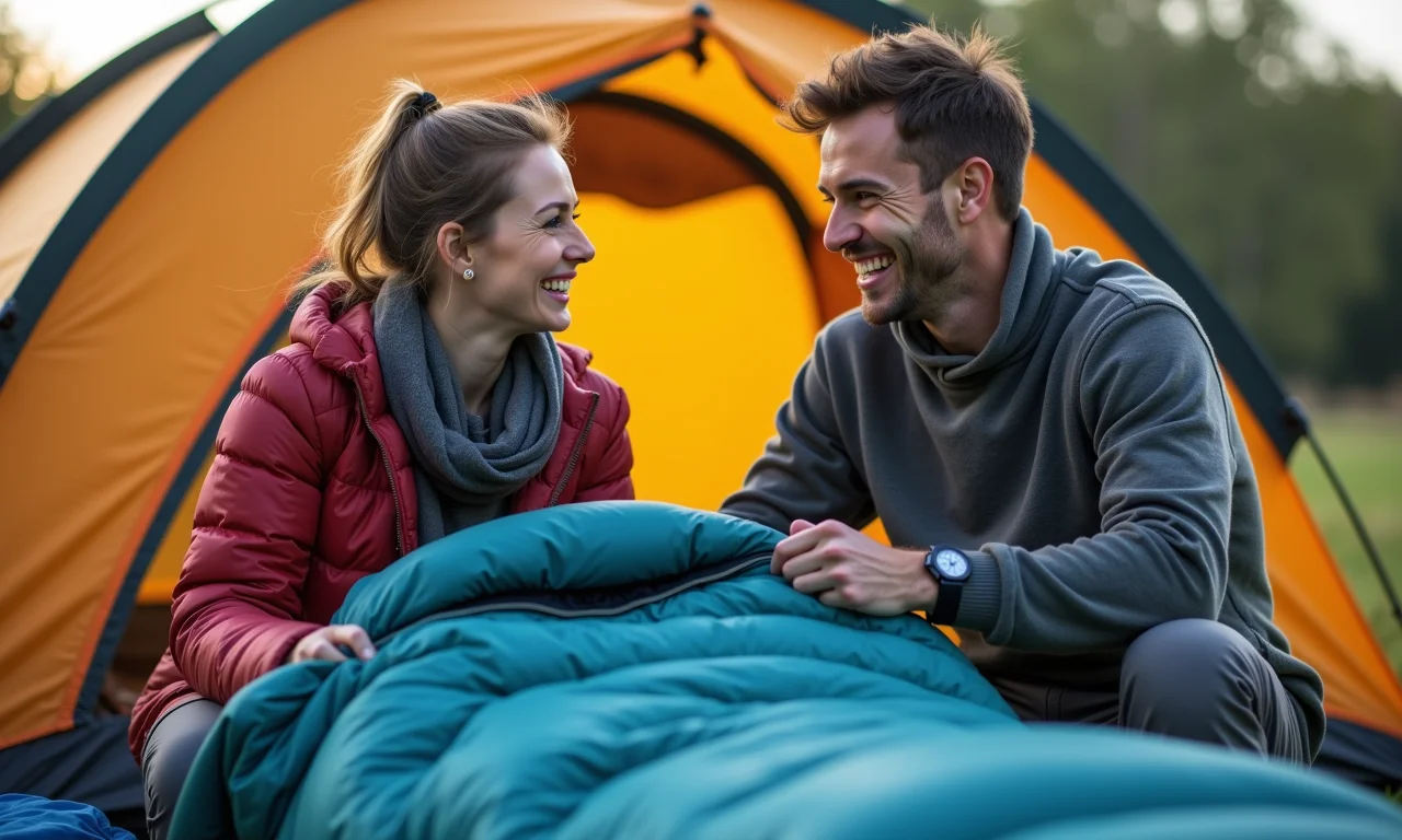 Casal feliz desembalando saco de dormir de casal no acampamento.
