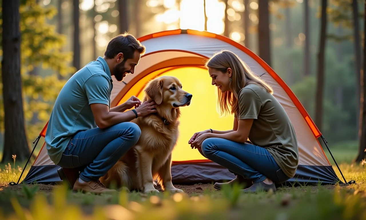 Casal montando barraca de camping com cachorro golden retriever em floresta ensolarada.