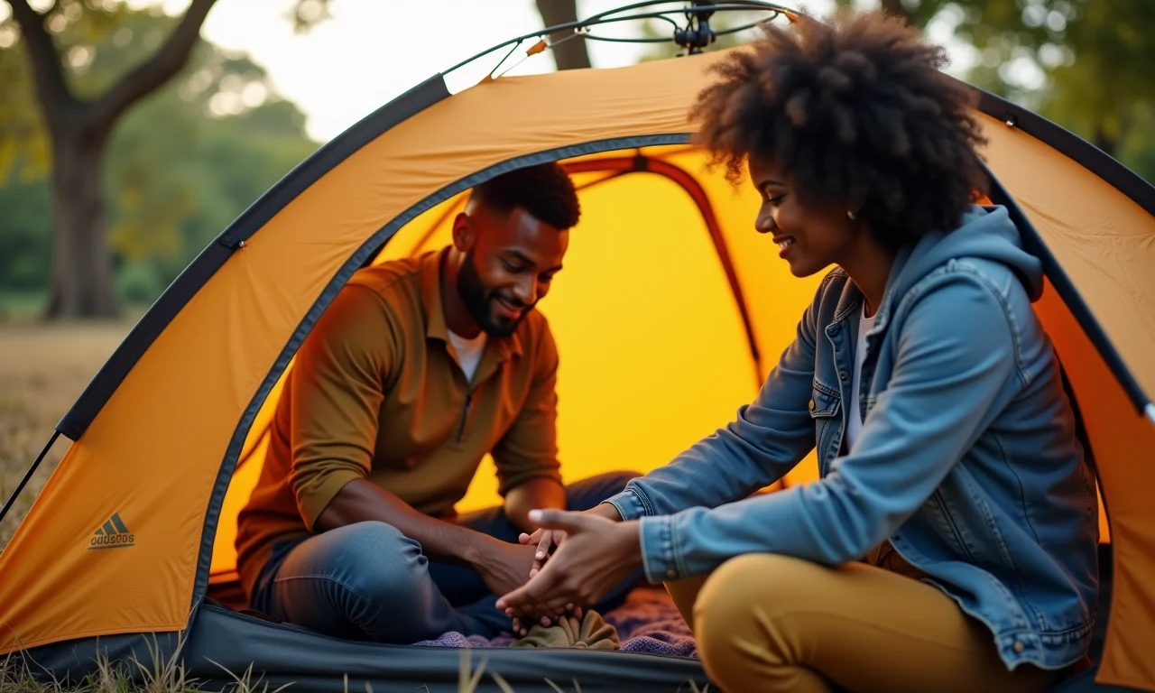 Casal montando uma barraca de camping de forma fácil e rápida.