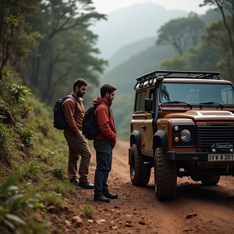 Casal verificando pneus do 4x4 antes de trilha no Tepequém.