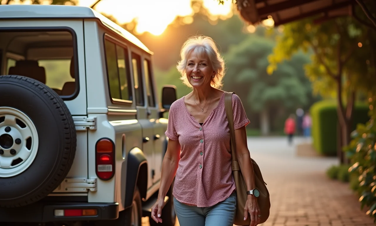 Chegada em Barreirinhas: mulher sorrindo ao descer de um 4x4 em frente à pousada.