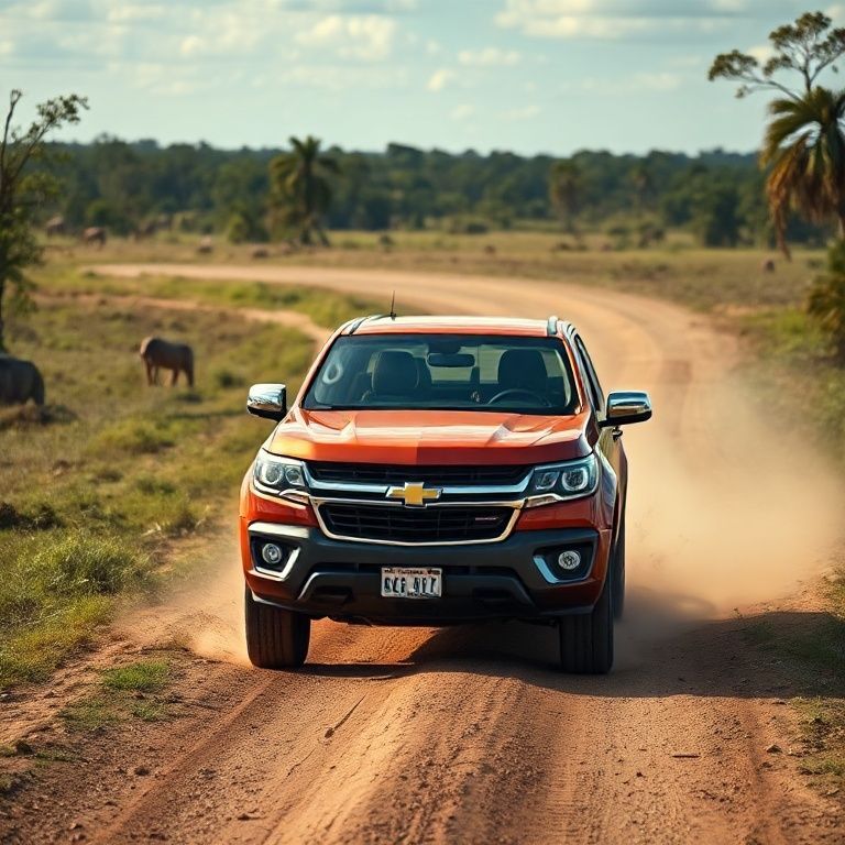 Chevrolet S10 em estrada de terra no Pantanal, com a vida selvagem ao fundo.