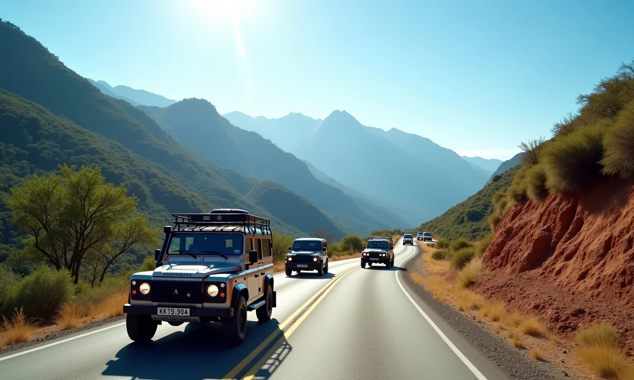 Comboio 4x4 dirigindo em estrada de montanha mantendo distância segura entre os veículos.