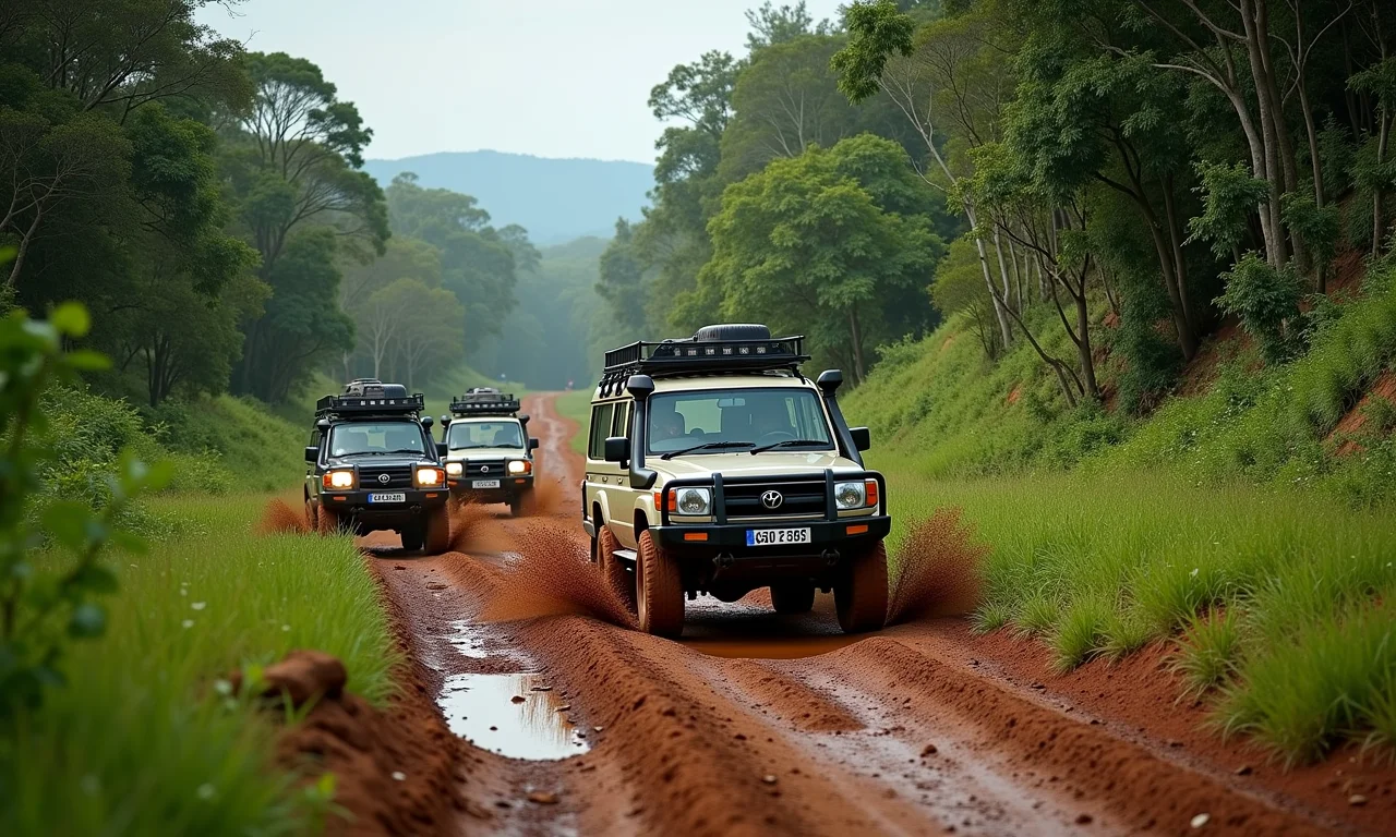 Comboio de jipes 4x4 explorando trilha enlameada em Itu, São Paulo.